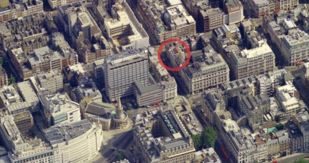The Mortimer Street site within its central London setting — aerial context photograph.