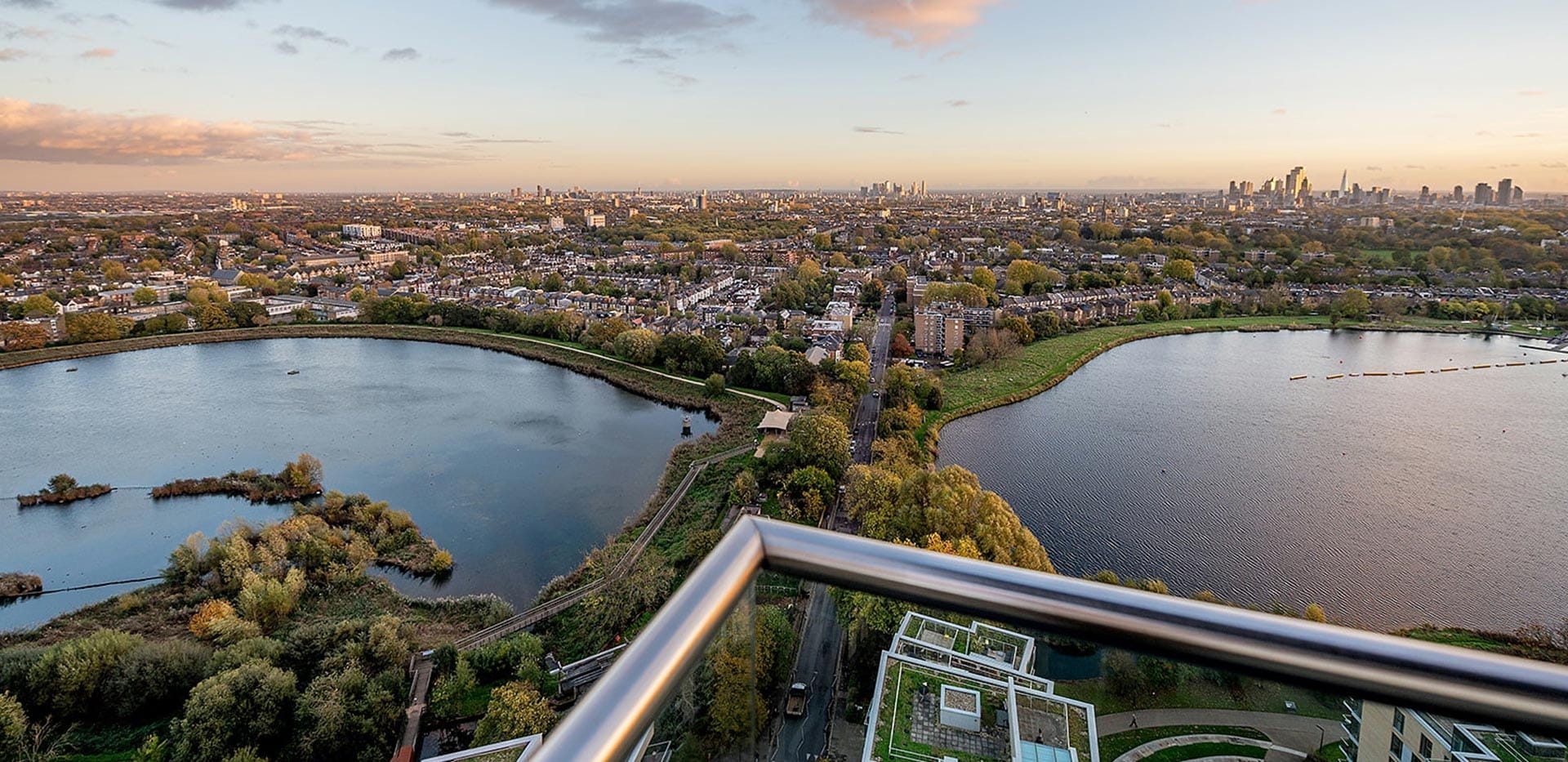 Reservoirs and the London skyline viewed from Woodberry Down