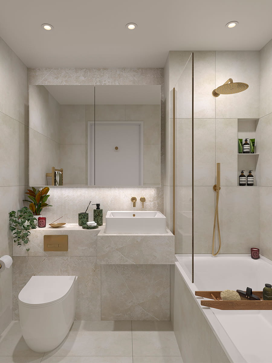 Bathroom interior with stone finishes and brass-toned fittings at The Grove Collection