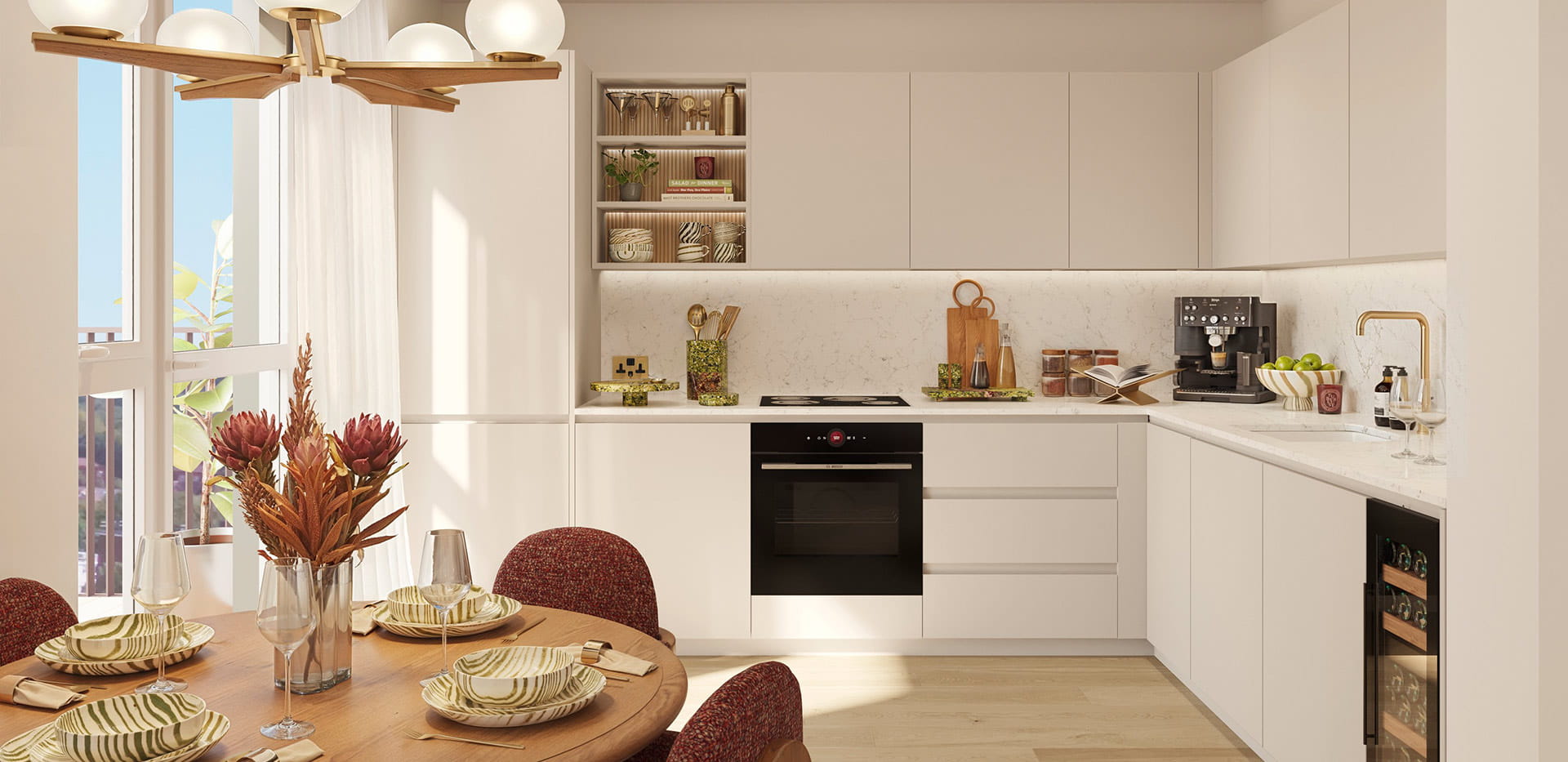 Pale cabinetry and dining space at The Grove Collection