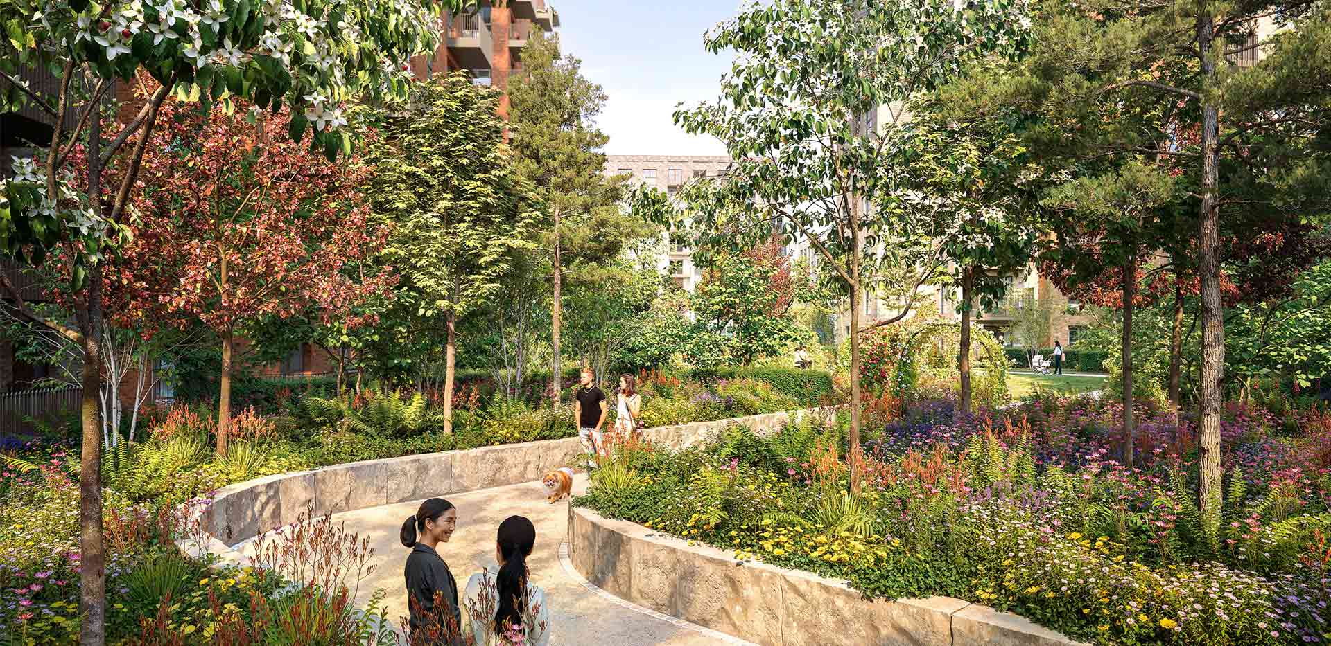 Landscaped paths and planting at The Grove Collection, CGI