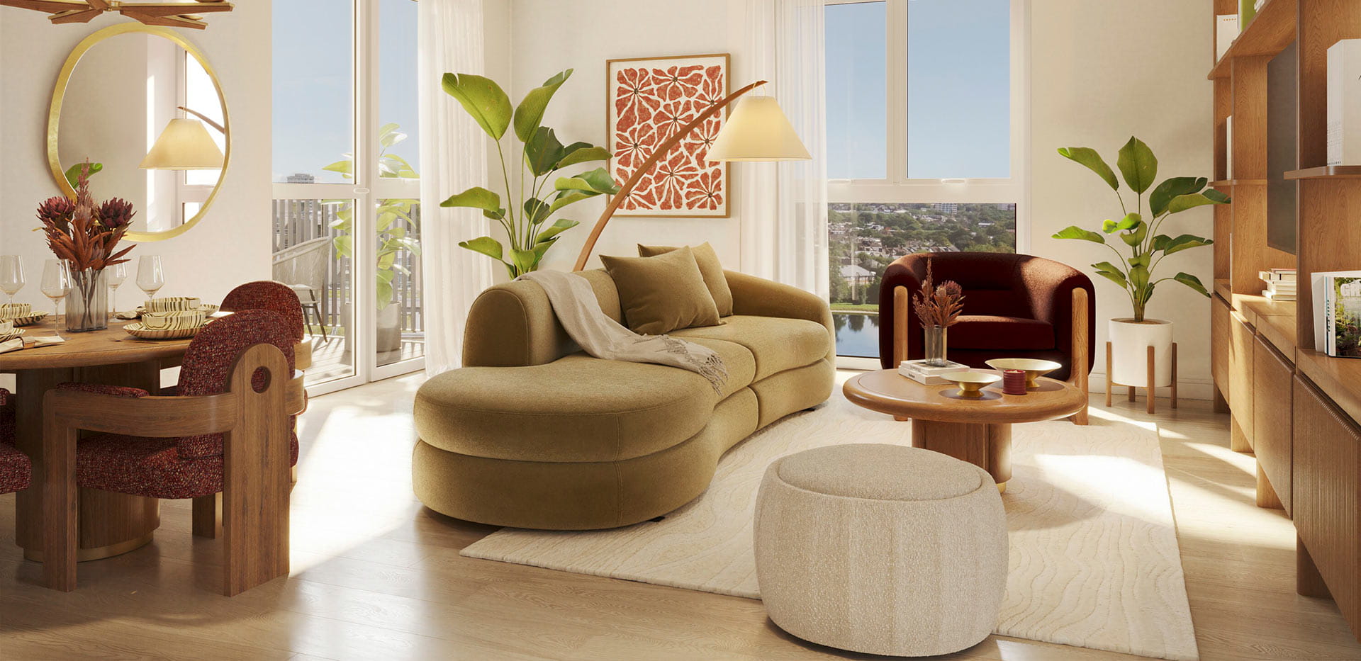 Light-filled living room with curved seating at The Grove Collection