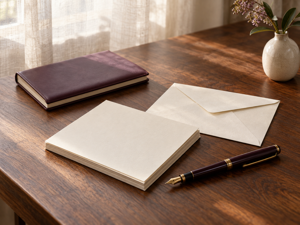 Illustrative still life of stationery and a fountain pen on a walnut desk.