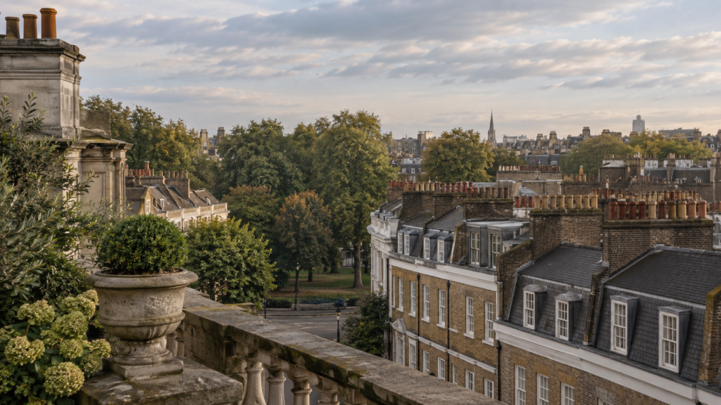 Illustrative view over historic London rooftops and a leafy garden square