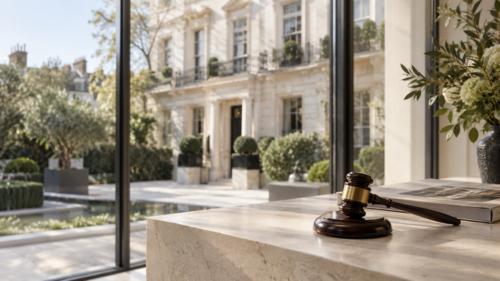 Illustrative auction gavel with London architecture in the background