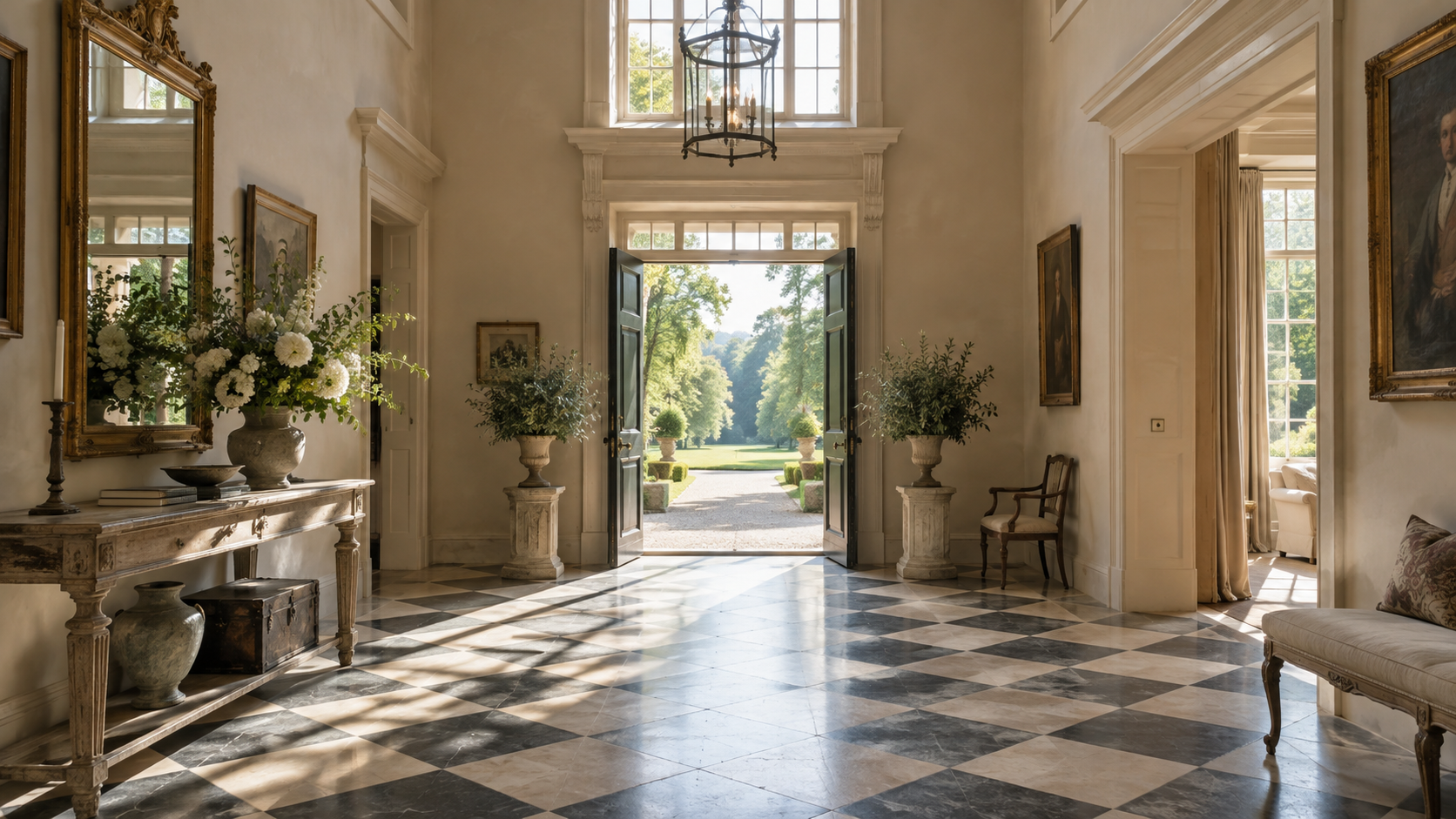 Illustrative English residence entrance hall opening onto a garden