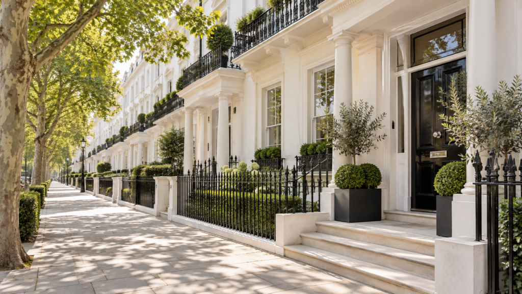 Illustrative London townhouses with white stucco facades and black iron railings