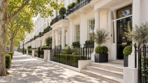 Illustrative view of elegant London townhouses on a leafy street
