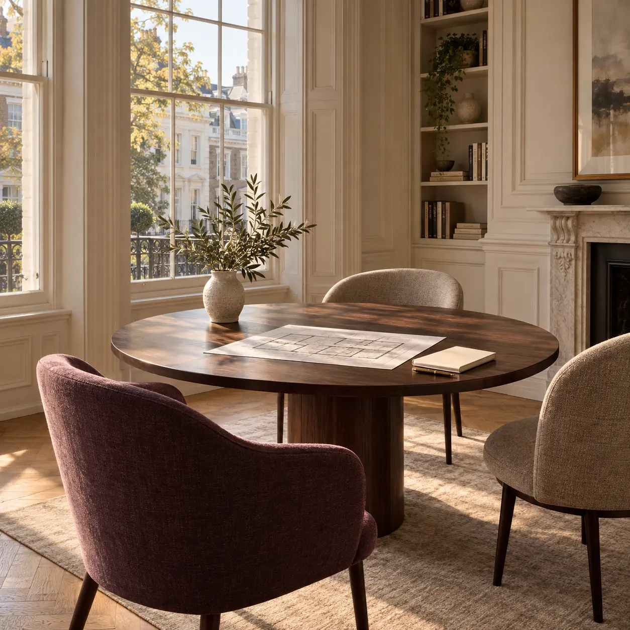 Illustrative property workspace with a walnut table, architectural plans and an open plum chair.