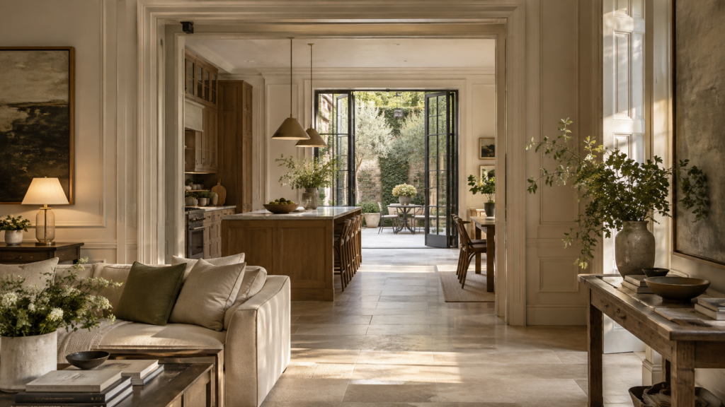 Illustrative restored townhouse rooms opening onto a private courtyard