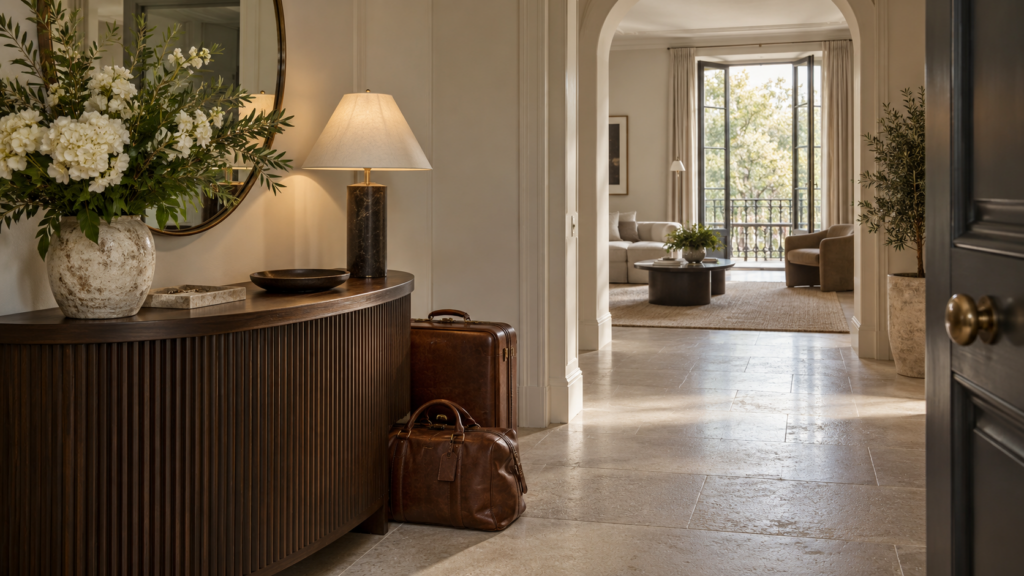Illustrative apartment entrance prepared for arrival with travel cases and flowers