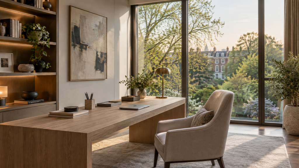 Illustrative executive apartment study overlooking a London garden