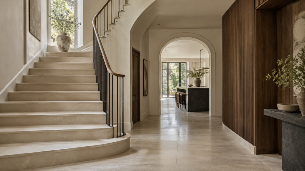 Illustrative interior with a limestone staircase and walnut joinery