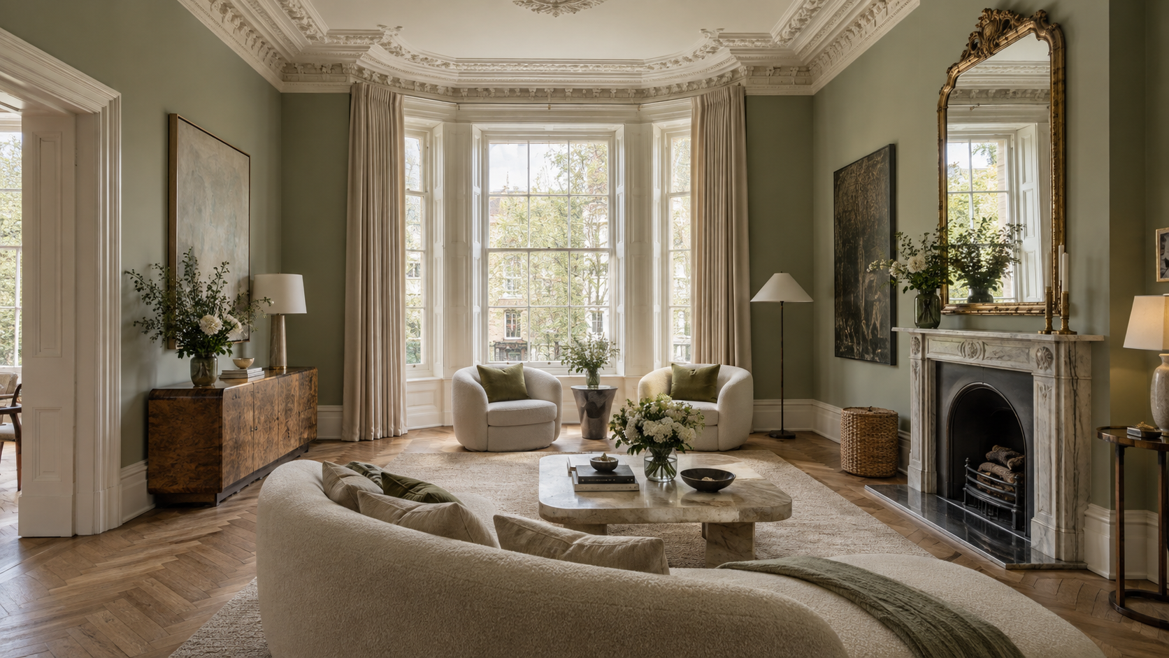 goldman-design-hero-unique-v3 Illustrative restored drawing room with sage walls and oak flooring