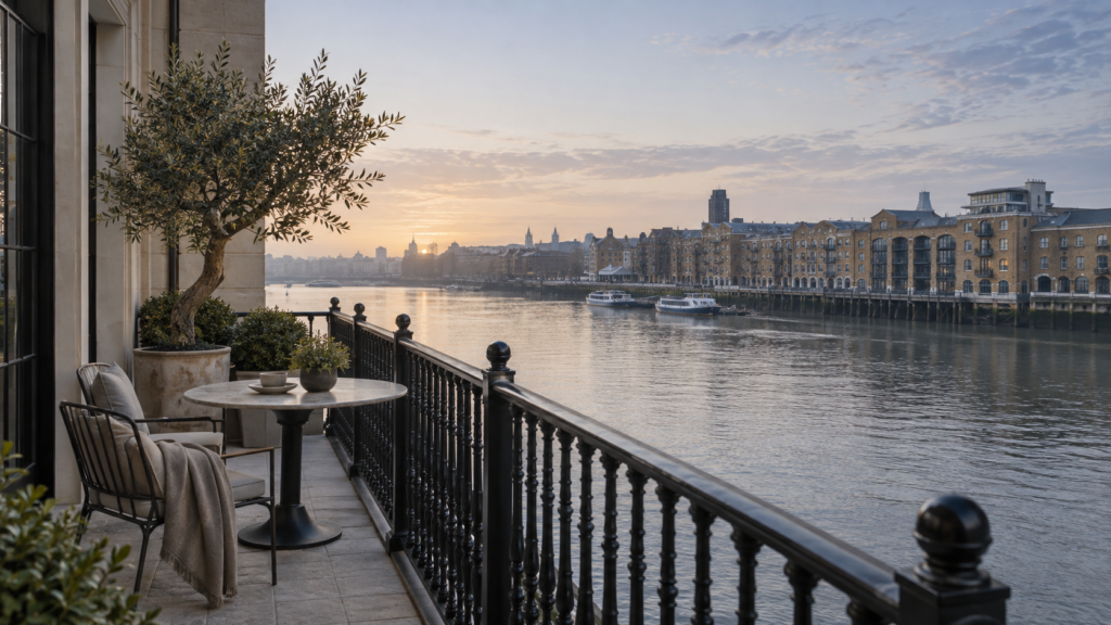 Illustrative London riverside balcony overlooking brick wharf buildings