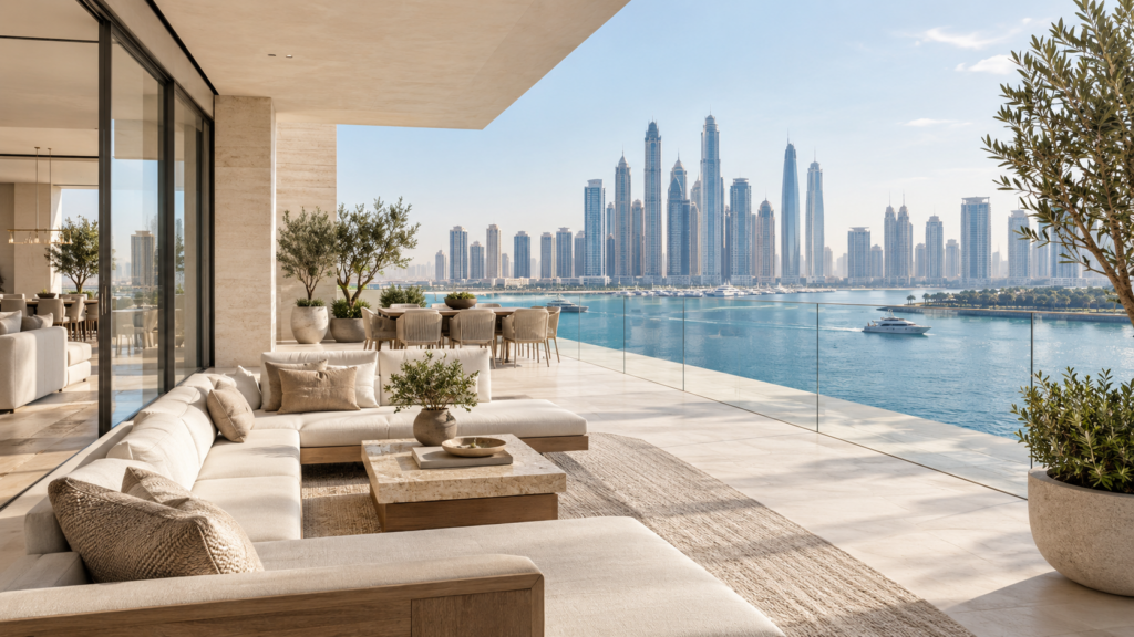 Illustrative waterfront terrace overlooking a Dubai-inspired skyline