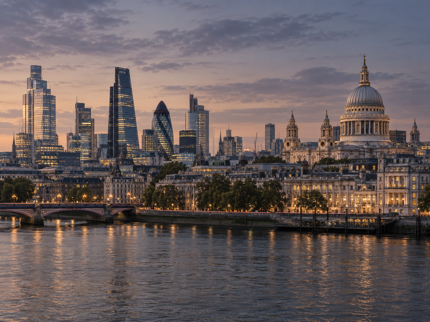 Illustrative view of the London skyline and River Thames at dusk