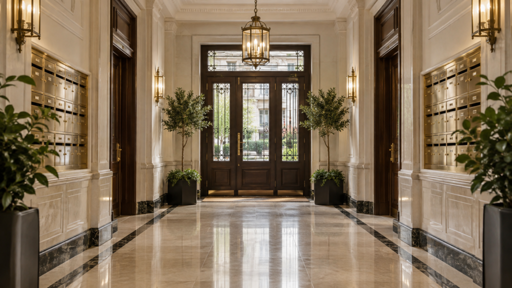 Illustrative mansion-block lobby with brass mailboxes and limestone flooring