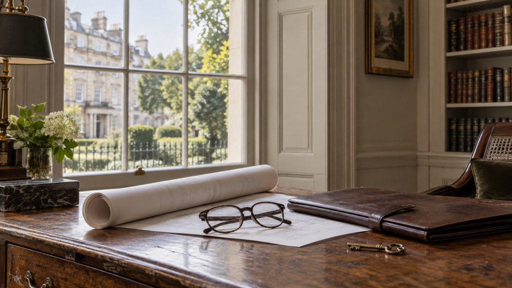 Illustrative property planning desk with architectural plans and a leather folio
