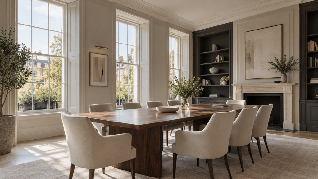 Illustrative private consultation room with a walnut table and tall sash windows