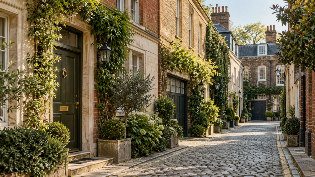Illustrative London mews lane with greenery and a dark olive front door