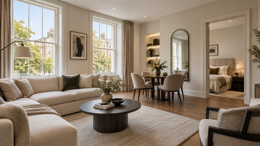 Illustrative furnished London apartment with a sitting room and separate bedroom