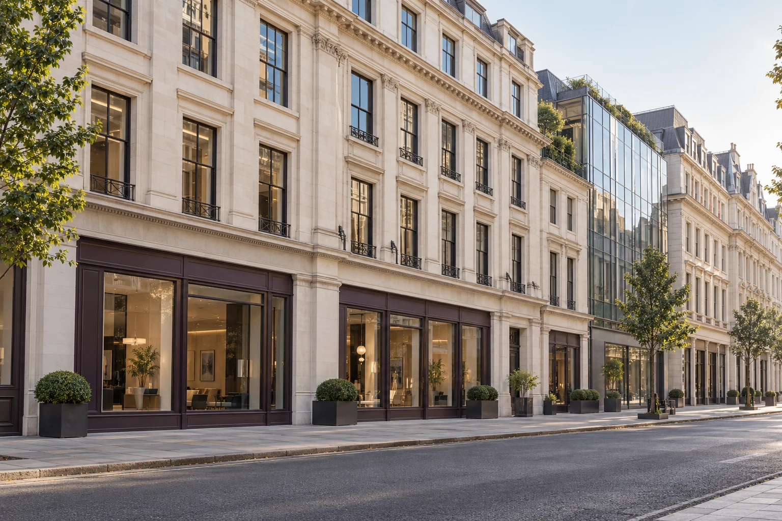 Illustrative London-style commercial buildings with retail premises and offices
