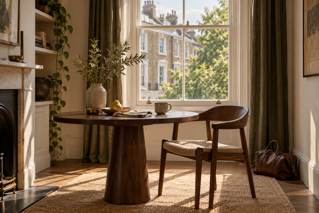 Illustrative London apartment dining area with a walnut table and weekend bag