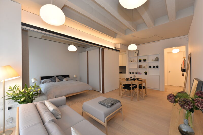 Albany Street open-plan living area with sliding partition to the sleeping space