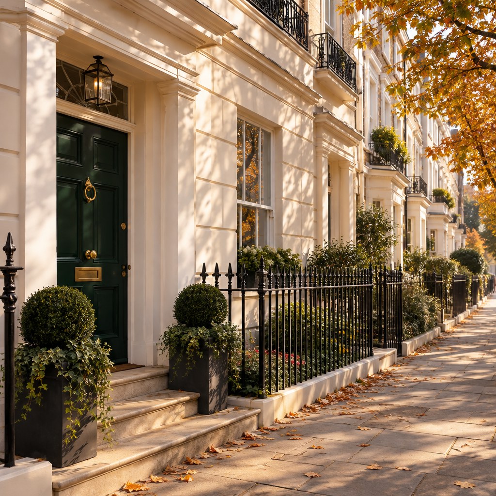 Illustrative autumn view of London townhouses