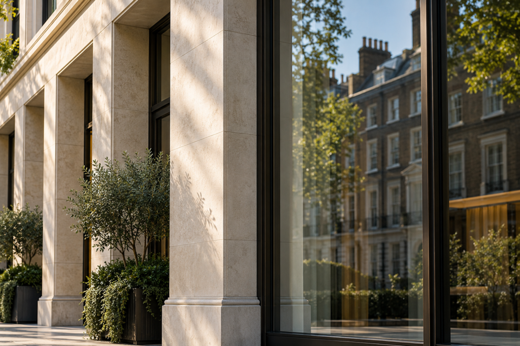 Illustrative architectural study of pale stone and reflective glass