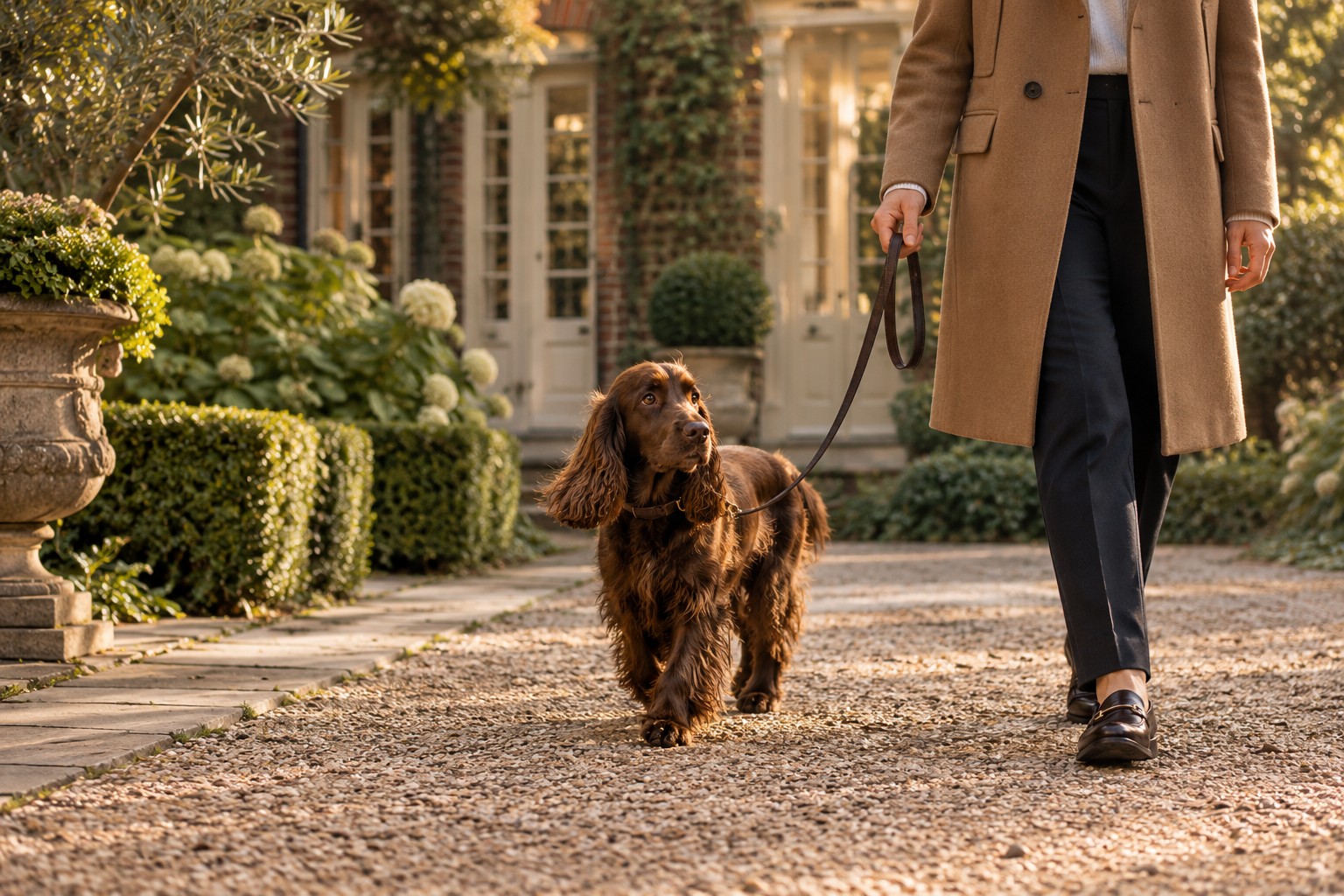 Illustrative spaniel walking on a lead with a carer in a private walled garden