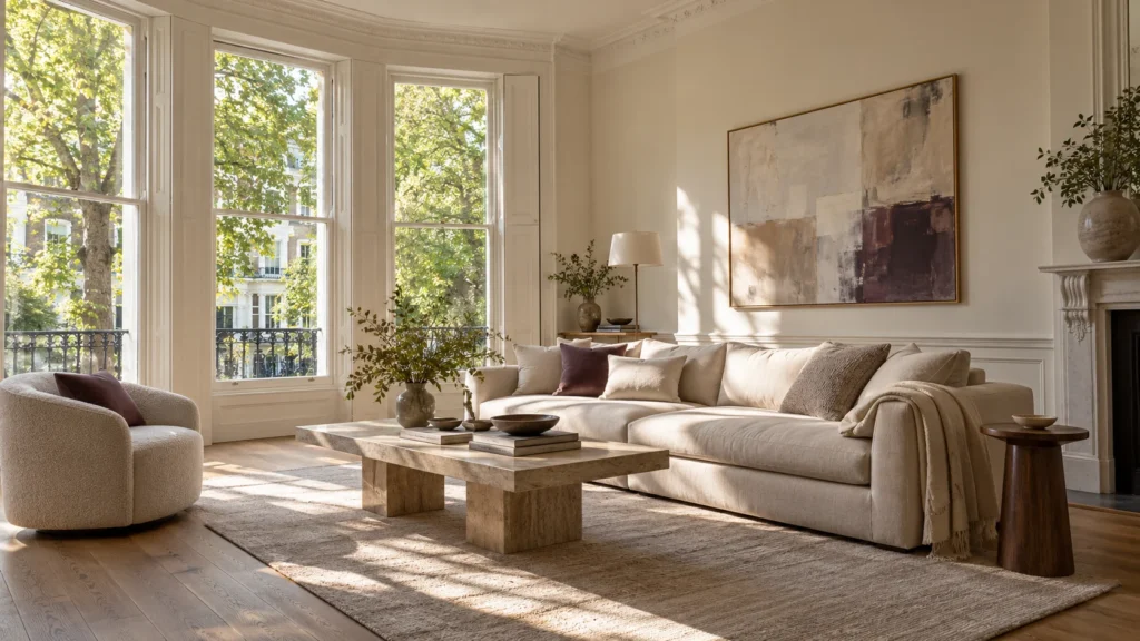 Illustrative London apartment with sash windows and natural linen furnishings