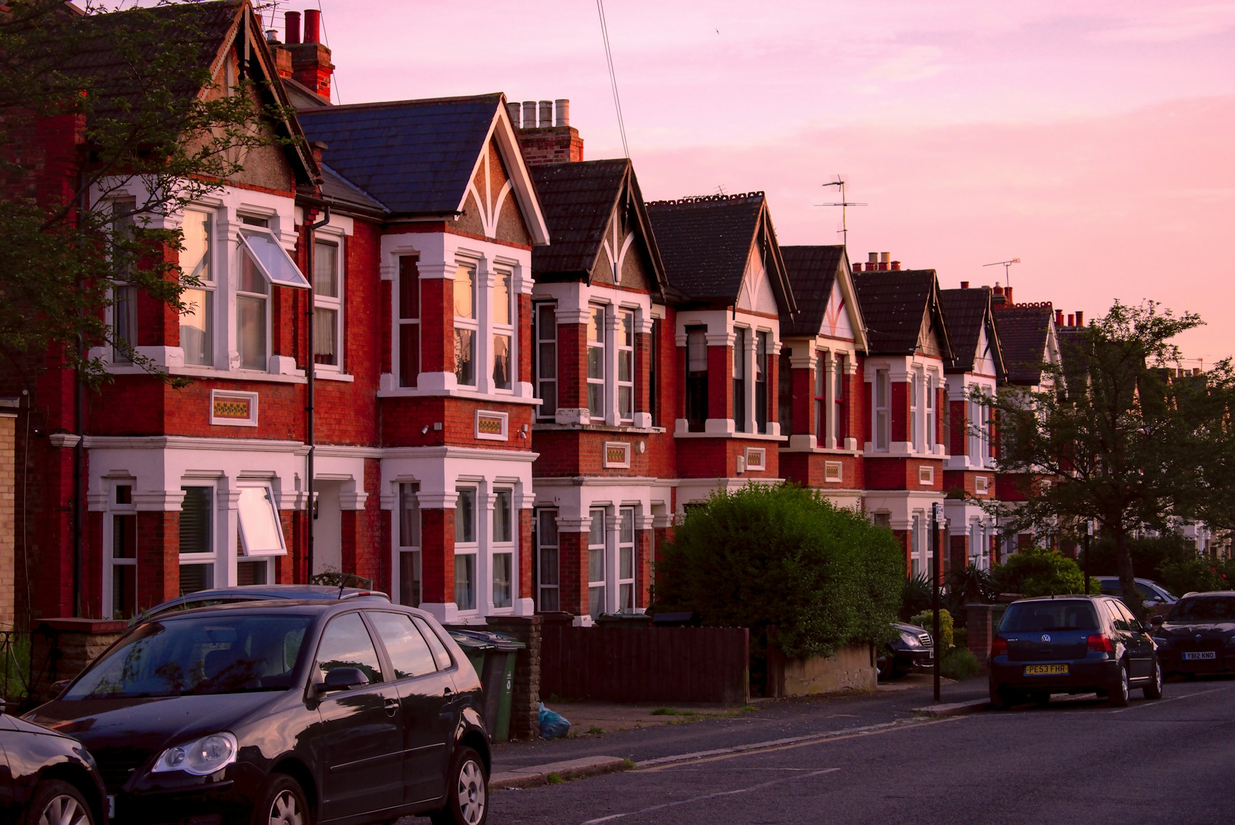 Victorian terraced homes in Leytonstone, London, at dusk