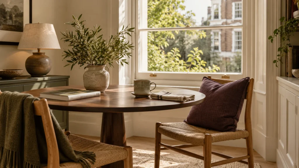 Illustrative breakfast corner overlooking a leafy London courtyard