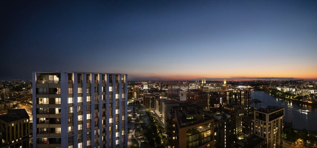 London Square Nine Elms — development skyline at dusk; developer marketing imagery