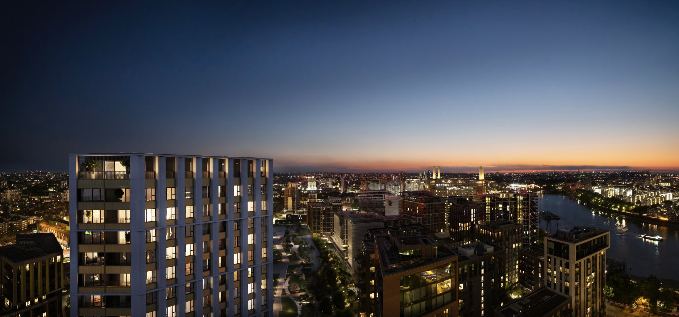London Square Nine Elms — development skyline at dusk; developer marketing imagery
