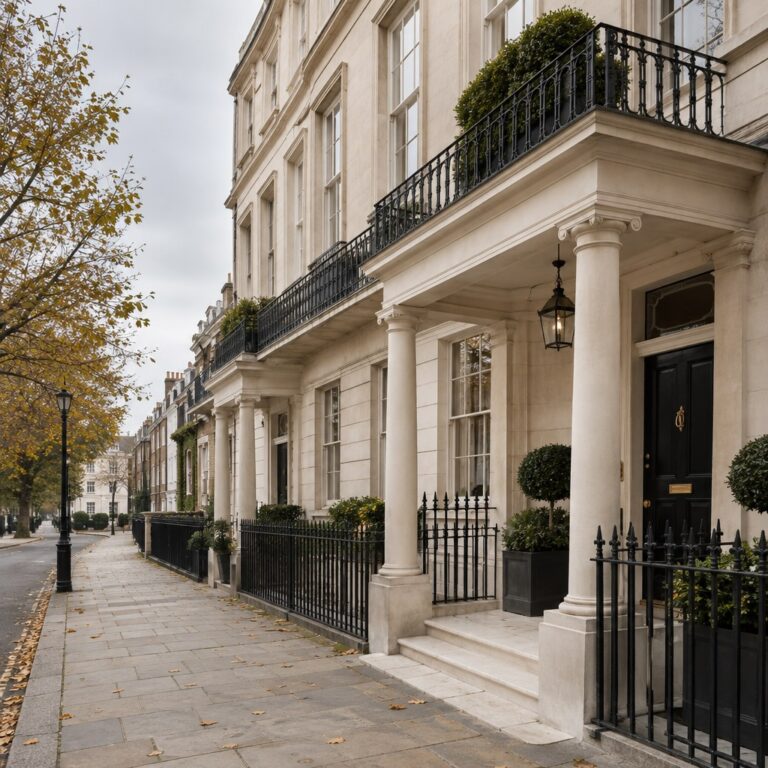 White stucco London townhouses with black railings and autumn trees.